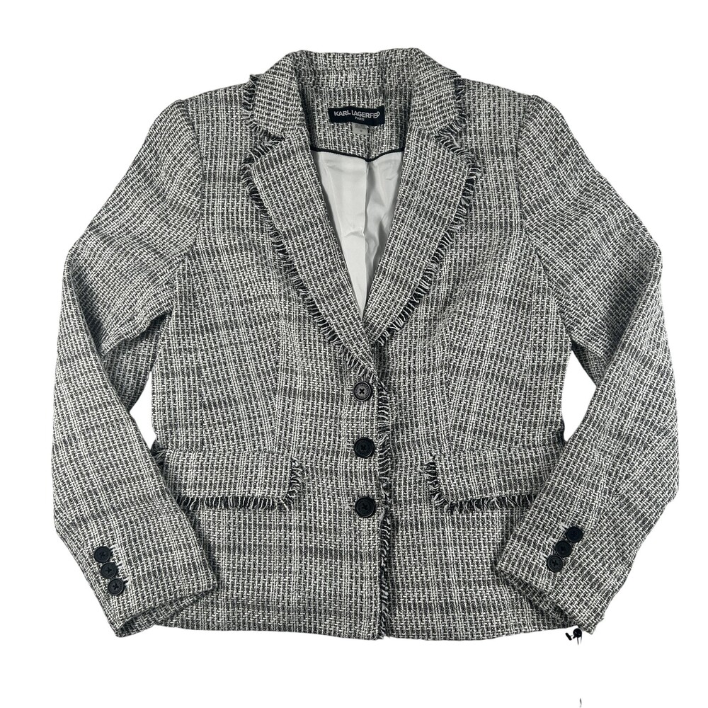 Karl Lagerfeld Paris Blazer Jacket Womens 10 White Black Tweed Plaid Lined Suit